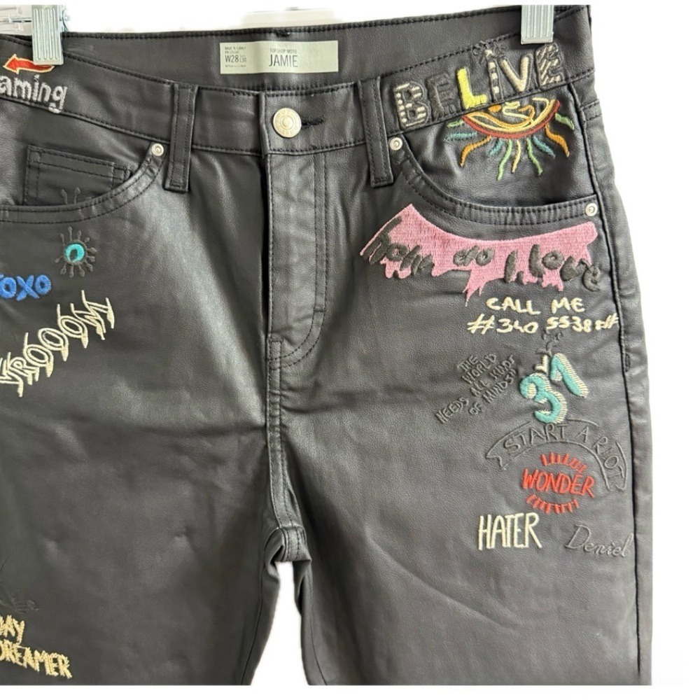 Topshop Moto Jamie Coated Faux Leather Skinny Jeans W28 L30 Embroidered Y2K - Picture 6 of 11